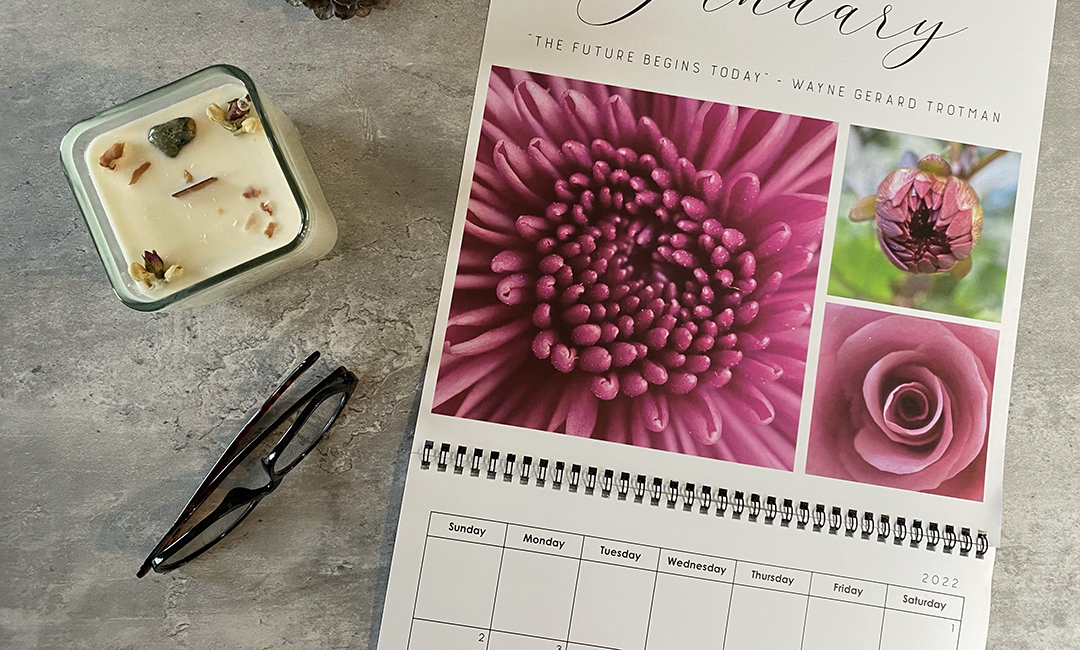 A custom photography calendar with macro images of various flowers